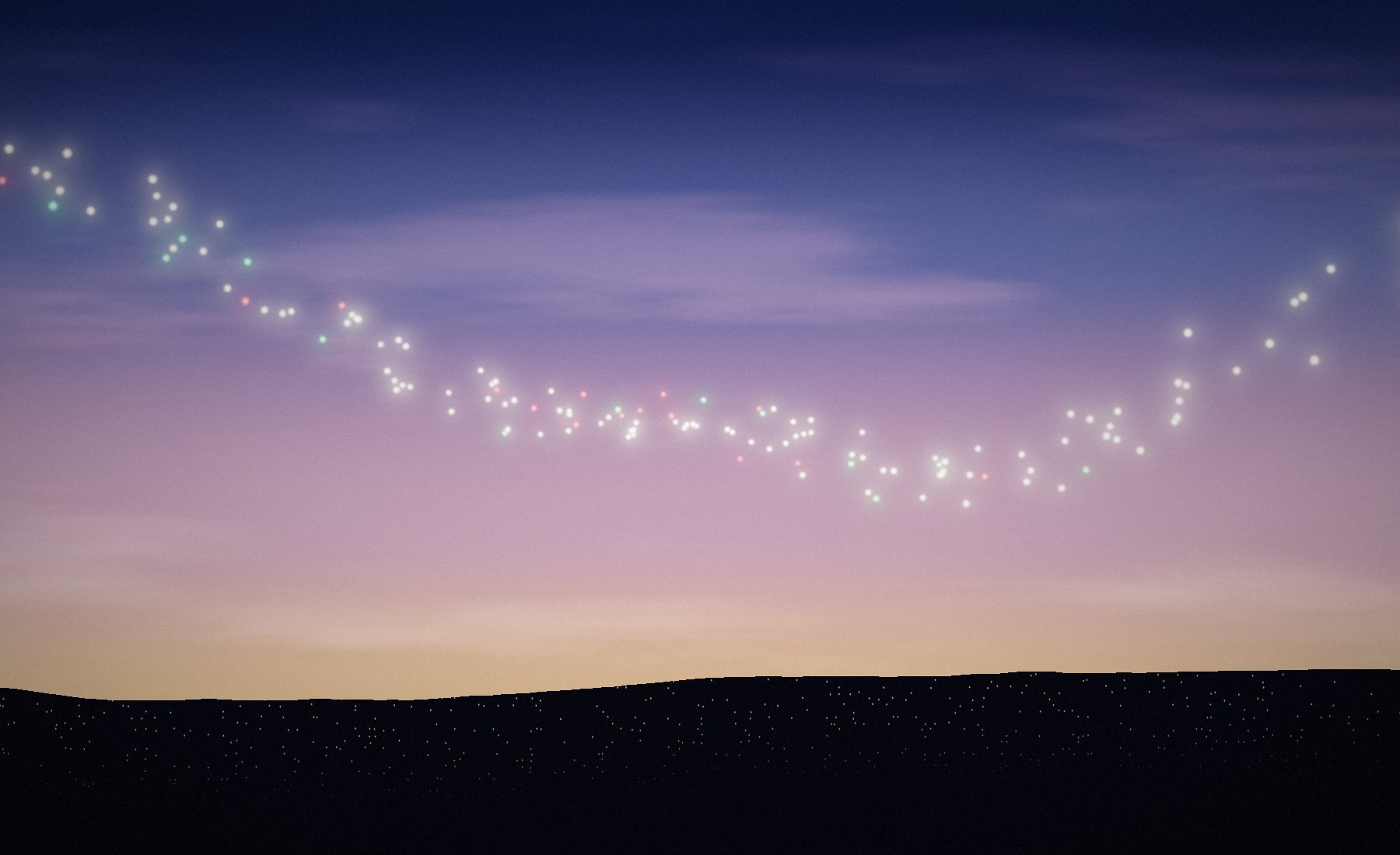 A fleet of delivery drones crossing an evening sky