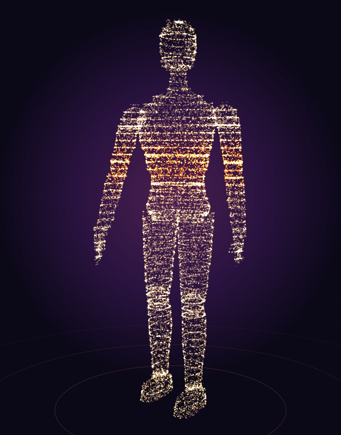 A humanoid robot drawn in points of warm light